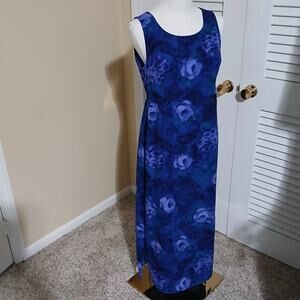 Chadwick's size 4 Sleeveless Floral Side-Slit Blue Long Tie-Waist A-Line Dress